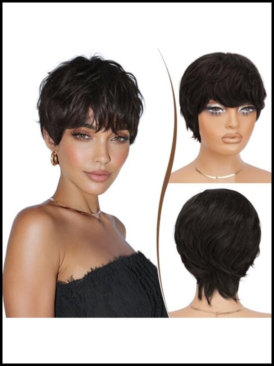 100% Real Human Hair Pixie Cut Wig, Glueless Short Wavy Hairpiece for Black